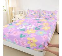 Set di biancheria da letto per ragazze e ragazzi, motivo floreale rustico, con lenzuolo con angoli, decorazione per la stanza, colore viola giallo, con 1 federa, senza parte superiore, singolo
