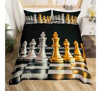 Set di biancheria da letto per ragazze e ragazzi motivo scacchi internazionali dorati e argentati copripiumino per letto king e cavaliere motivo geometrico a scacchiera copriletto per letto singolo 2