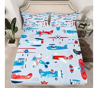 Set di biancheria da letto per ragazzi e ragazze con aerei dei cartoni animati, velivoli e elicotteri, in blu navy e rosso, con aerei che volano, motivo Kawaii, con 2 federe, 3 pezzi, misura King Size