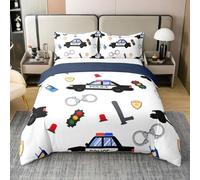 Set di biancheria da letto per ragazzi e ragazze con auto dei cartoni animati con semafori, copripiumino con luci poliziotto, bianco, nero, blu, 2 pezzi, per letto singolo, 100% cotone, senza piumino