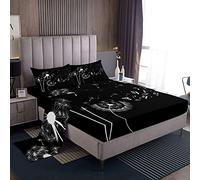 Set di biancheria da letto per ragazzi e ragazze con motivo di soffione, in bianco su fondo nero, con 1 lenzuolo piano + 1 lenzuolo con angoli + 2 federe, per letto matrimoniale