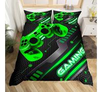 Set di biancheria da letto per ragazzi e ragazze, super king size, 3 pezzi, con motivo geometrico a tema gaming, in microfibra (verde, matrimoniale), con 2 federe