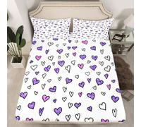 Set di biancheria da letto per San Valentino, per letto matrimoniale, stile scarabocchiare, con cuoricini e cuori, per camera da letto degli adulti, colore viola rosso, lenzuolo con angoli, 1 lenzuolo