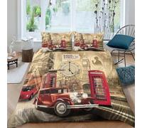 Set di biancheria da letto retrò con autobus rosso, cabina telefonica rossa, Big Ben, vista sulla strada della città britannica, copripiumino matrimoniale 240x220 copripiumino london