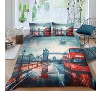 Set di biancheria da letto retrò con autobus rosso, cabina telefonica rossa, Big Ben, vista sulla strada della città britannica, copripiumino matrimoniale 240x220 copripiumino london