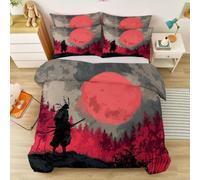 Set di biancheria da letto rosso samurai luna piena foresta manga | 100% microfibra ruvida traspirante, copripiumino orientale moderno 240 x 220 cm con federa 80 x 80 cm