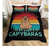 Set di biancheria da letto singolo Capybaras per bambini, ragazzi e adolescenti, motivo caccia nel bosco, con simpatico topo, roditori, animali, per amanti dei capibara, 2 pezzi, nero