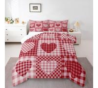 Set di biancheria da letto singolo con cuori vintage, 2 pezzi, patchwork rosso retrò, per bambini, adolescenti, adulti, romantico stile country rustico trapuntato con 1 federa