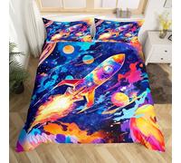 Set di biancheria da letto singolo per ragazzi con razzi e cartoni animati, 2 pezzi, con copripiumino colorato, decorazione con pianeti dello spazio, per bambini e adolescenti, con 1 federa (senza
