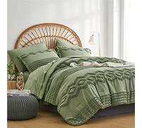 Set di biancheria da letto trapuntata verde salvia per letto king size, 7 pezzi, in una borsa, con copripiumino e lenzuola, stile shabby chic e bohémien, con pompon testurizzato, per tutte le stagioni