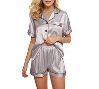 Set di biancheria intima con reggicalze e pigiama, abito corto, da notte, da donna, in raso, da notte, argento, 5XL