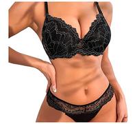Set di biancheria intima da donna con pizzo, motivo floreale, elegante seta di alta qualità, reggiseno a forma di T, per un look lussuoso, Nero , 85B