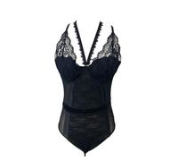 Set di biancheria intima da donna in pizzo con scollo a orsacchiotto, biancheria da notte, comoda ed elastica in morbido raso con accappatoio da donna, Nero , L