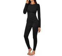 Set di biancheria intima termica da donna con pantaloni lunghi foderati in pile, camicia a maniche lunghe leggings top bottom per il freddo, Nero , 3XL