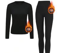 Set di biancheria intima termica in pile caldo da donna, strato base confortevole, collant e top a maniche lunghe con collo rotondo e pantaloni adatti per lo sci all'aperto e lo yoga, colore nero, ada