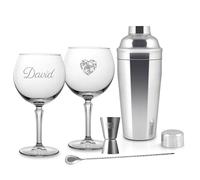 Set di Bicchieri da Gin Tonic personalizzati con Jigger, Shaker e bar spoon per barman. Calice da cocktail, inciso al laser, 580 ml, set personalizzabile con nome, iniziali e data (SET COCKTAIL)