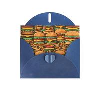 Set di biglietti d'auguri blu stampati con tanti simpatici hamburger con buste e adesivi coordinati