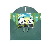 Set di biglietti d'auguri con stampa di due panda felici, verde scuro, con buste e adesivi coordinati