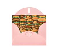 Set di biglietti d'auguri rosa stampati con tanti simpatici hamburger con buste e adesivi coordinati