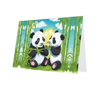 Set di biglietti di auguri rosa stampati con due panda felici con buste e adesivi coordinati