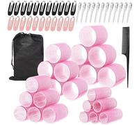 Set di bigodini autoaderenti, 60 pezzi, 4 misure (25-60 mm), bigodini senza calore, con 34 clip in acciaio inossidabile, pettine e custodia, per capelli lunghi, medi e corti (rosa)