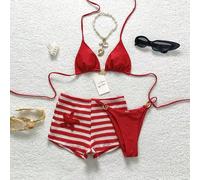 Set di bikini con top a collo alto e nodo, in tinta unita, abbinato a un set di pantaloncini a stampa a righe per donna L,M,S,XLA striscePoliestere
