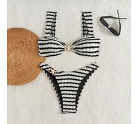 Set di bikini da donna con stampa floreale sexy, volant e texture a righe, decorato con una stella marina pregiata, adatto per le vacanze al mare L,M,S,XLA strisce,Motivo strutturatoTessuto