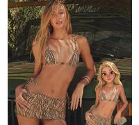 Set di bikini e gonna in tulle trasparente con stampa di cactus e zebra, stile vintage avventuroso, outfit da spiaggia per il viaggio estivo 2026 in stile europeo e americano, mimetico, carnevale, vac