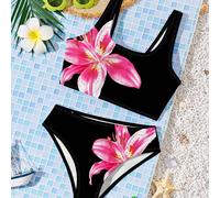 Set di bikini estivo con stampa floreale di ibisco, frangipane e giglio, con bretelline regolabili, adatto per le ragazze in età adolescenziale per vacanze al mare 8Y,9Y,10Y,11Y,12YPianteTessuto