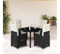Set di bistroni da giardino in polyrattan nero, poltrone regolabili, 90 x 90 cm, cuscino bianco crema, resistente ai raggi UV, per esterni, per balcone, terrazza e giardino