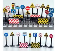 Set di blocchetti da costruzione per modelli di segnaletica stradale, accessori per strada e città, inclusi segnali stradali, barriere, indicatori di limite di velocità, avvertimenti, kit di costruzio
