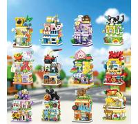 Set di blocchi da costruzione con scena di strada cittadina in miniatura, kit di modello di casa a tema cartone animato carino, giocattolo creativo fai-da-te con decorazioni di animali/frutta/cibo, re