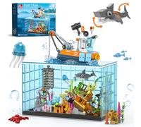 Set di blocchi per acquario con luci a LED, tra cui squalo oceano, medusa, barca da pesca, regalo per bambini, ragazzi e ragazze, età 8-12+ e adulti (830 pezzi)