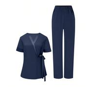 Set di blusa con scollo a V e maniche corte con tasca e pantaloni tinta unita con tasca, adatto per salone di bellezza, centro benessere, abbigliamento professionale, infermiere, dentista, assistenza