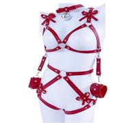Set di bondage in pelle rossa con cinghie e fiocchi per giochi erotici SM-erotici Bdsm petto catene Harness Set reggiseno sexy lingerie da donna, Colore: rosso, Taglia unica