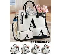 Set di borse a tracolla in lino nero e bianco, con pochette cosmetica e borsa quadrata per lo stoccaggio, motivo minimalista con lettere dall'A alla Z, grande capacità. Il set include 1 pochette organ