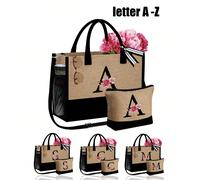 Set di borse con motivo floreale e lettera, include tracolla e borsa in juta personalizzata con iniziale A-Z, borsa regalo personalizzata, tasca laterale, borsa da spiaggia, sciarpa, borsa tote casual