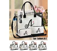 Set di borse in tela di lino nero e bianco con tracolla + borsa cosmetica + borsa quadrata, con lettere dell'alfabeto a forma di cuore, super capienza. La tracolla può essere rimossa secondo la prefer