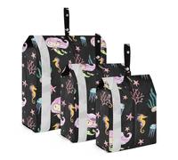Set di borse organizer per valigie con cerniera, 3 pezzi, borsa da viaggio per vestiti, bagagli, salvaspazio, motivo sirena e vita marina, nero