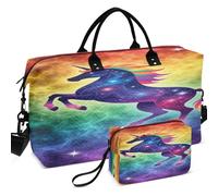 Set di borsone da palestra da viaggio con divisore a rete stampata su tutta la superficie, grande capacità per tutte le stagioni, Cavallo Cornuto Criniera Arcobaleno nella Nebulosa Galaxy, one size