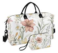 Set di borsone da palestra da viaggio con divisore in rete stampata su tutta la superficie, portatile, per sport e palestra, carino primavera Fiori rustico bianco, one size, Retro