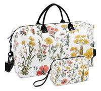 Set di borsone da viaggio e palestra, con tasche multiple trapuntate ad ultrasuoni, grande capacità, per articoli da toeletta, primavera Fiori rustici bianco, one size, Retro