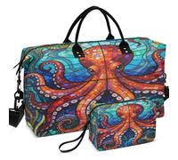 Set di borsone da viaggio trapuntato, a forma di onda, trapuntato, convertibile, portatile, per tutte le stagioni, Creatura marina a otto braccia in vetro colorato Kraken, one size, Retro