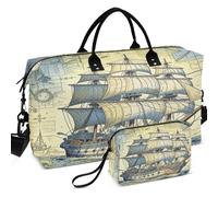 Set di borsone da viaggio trapuntato, multi tasche stampate su tutta la superficie, portatile per il viaggio, Vecchio Vintage Oceano Pirata Nave Barca a vela Mare, one size, Retro