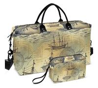 Set di borsone da viaggio trapuntato stampato su tutta la superficie con piccola custodia facile da riporre per il viaggio, Vecchia barca a vela vintage oceano mappa pirata nave, one size, Retro