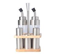 Set di bottiglie di condimento in acciaio 304 meno con griglia in legno, portabottiglie di condimento da tavolo per salsa di soia, sale e olio, set di bottiglie da 5 pezzi con