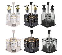 Set di bottiglie per olio e aceto in vetro premium, include barattoli per sale e pepe - con base in stile marmo, adatto per cucina e sala da pranzo. Bottiglie da 150ml e 2 da 100ml. Argento e nero,Cus