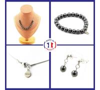 Set Di Bracciale, Collana, Orecchini A Perno, 15 Perle Di Ematite, Taglia 8