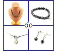 Set Di Bracciale, Collana, Orecchini A Perno, 20 Perle In Ematite, Taglia 8