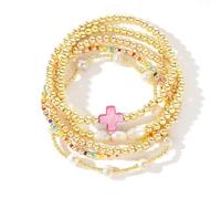 Set di braccialetti a croce con perline di perle, da donna, elasticizzati, bohémien, colorati, con perline cristiane, gioielli dell'amicizia, regalo estivo alla moda
